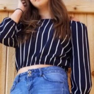 Blue off the shoulder top, white stripes